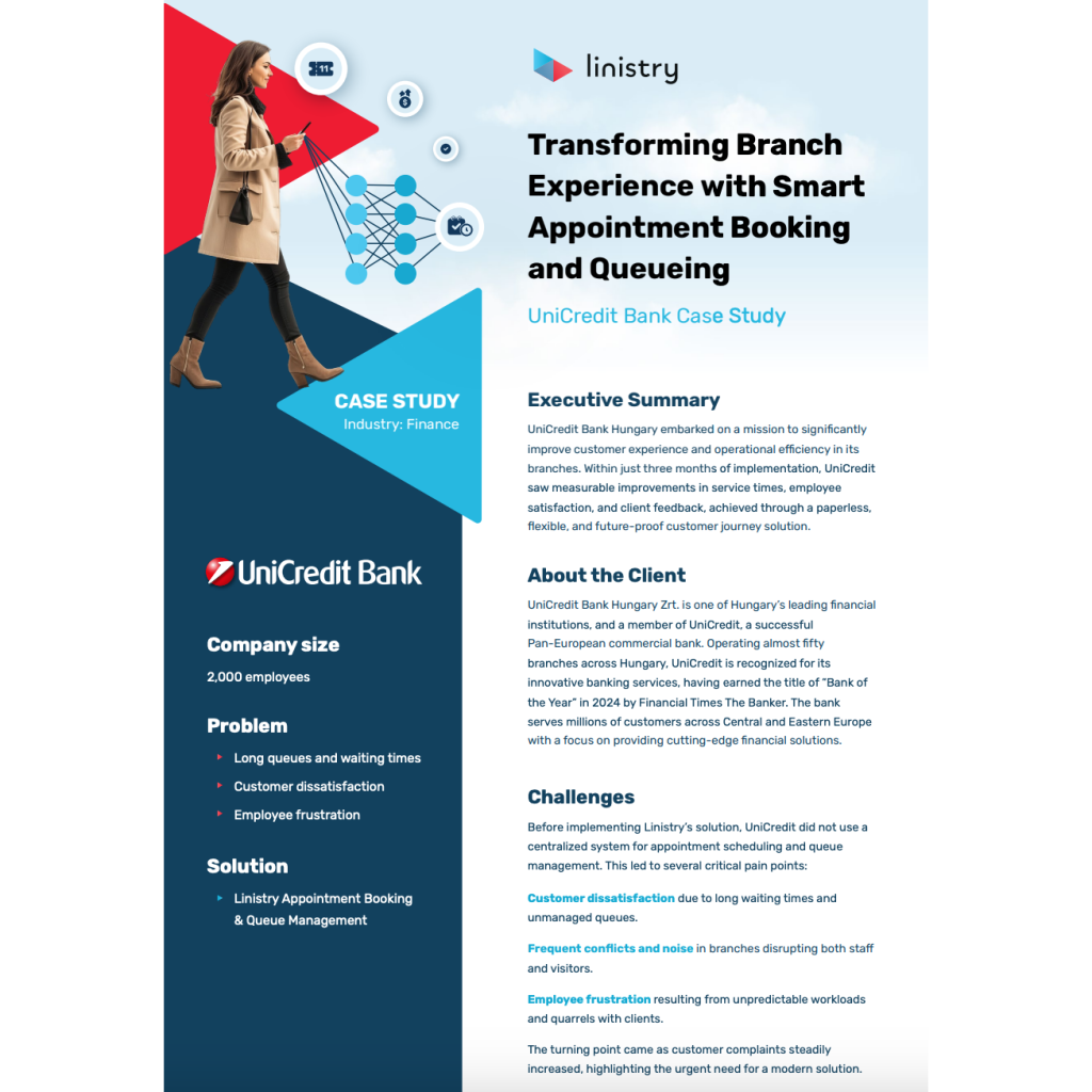 Unicredit case study - Transforming Branch Experience with Smart Appointment Booking and Queue Management - Linistry - Tailored Digital Queue Management for Enterprises