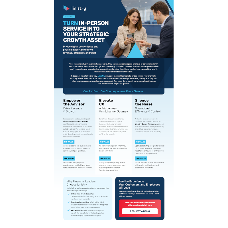 Turn In-Person Service Into Your Strategic Growth Asset for Banks - Linistry - Tailored Digital Queue Management for Enterprises Linistry Omnichannel Customer Experience in Banking