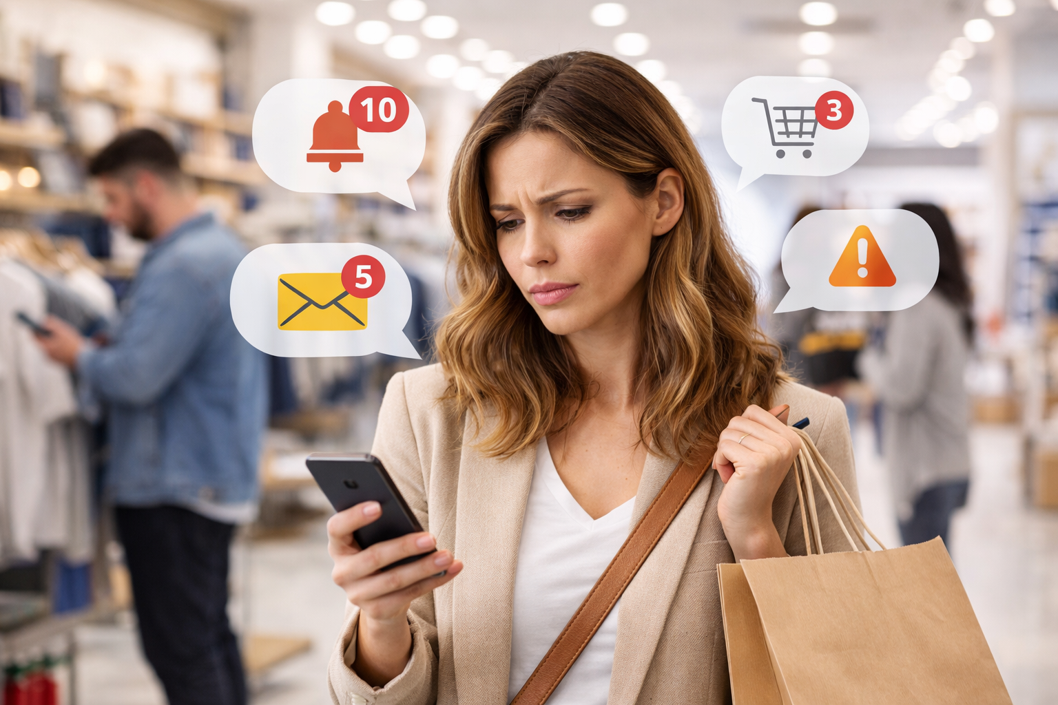 Why Your Customers Aren’t Complaining Anymore - And Why That’s a Problem - Linistry - Tailored Digital Queue Management for Enterprises Customer facing digital overload while shopping.