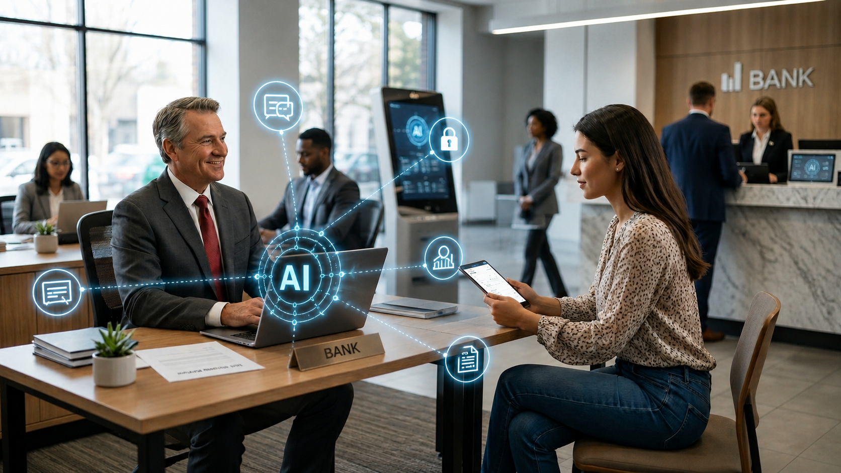 Banking Had a Great Year. That May Be the Problem. - Linistry - Tailored Digital Queue Management for Enterprises AI-enhanced customer service in a modern bank branch.