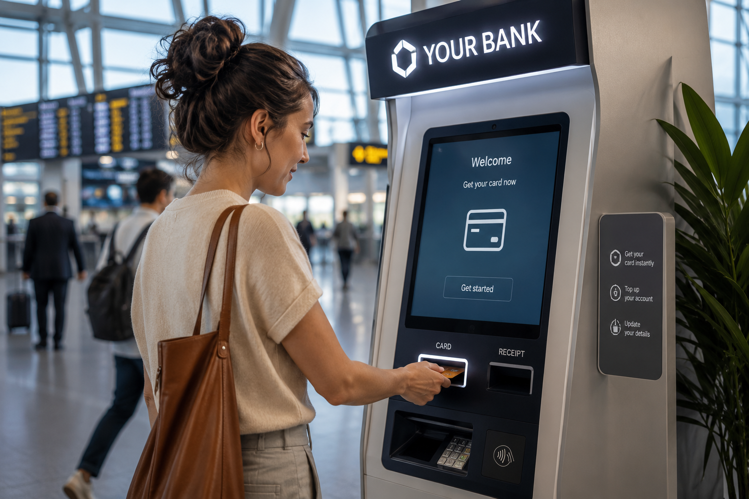 Your Bank Is Everywhere. Does It Feel Like It? - Linistry - Tailored Digital Queue Management for Enterprises Customer using a self-service banking kiosk in an airport terminal.