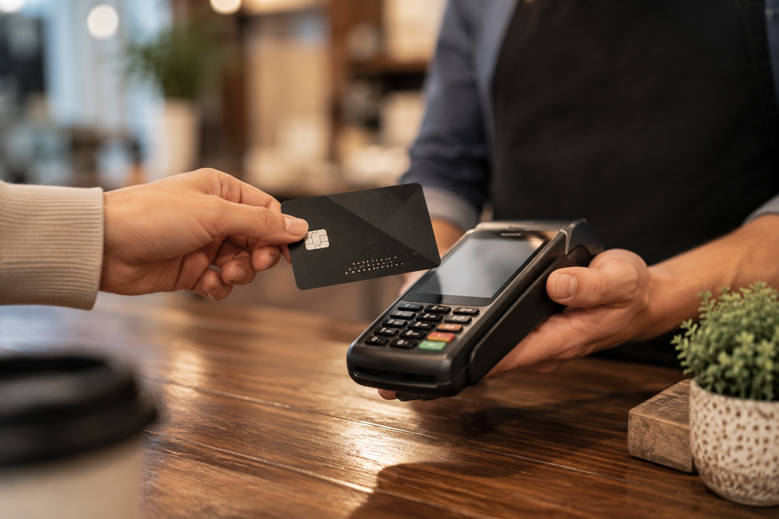 Your Bank Is Everywhere. Does It Feel Like It? - Linistry - Tailored Digital Queue Management for Enterprises Customer paying with a physical bank card at a contactless payment terminal.
