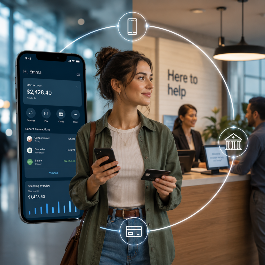 Your Bank Is Everywhere. Does It Feel Like It? - Linistry - Tailored Digital Queue Management for Enterprises Modern customer experience in the banking industry - illustration