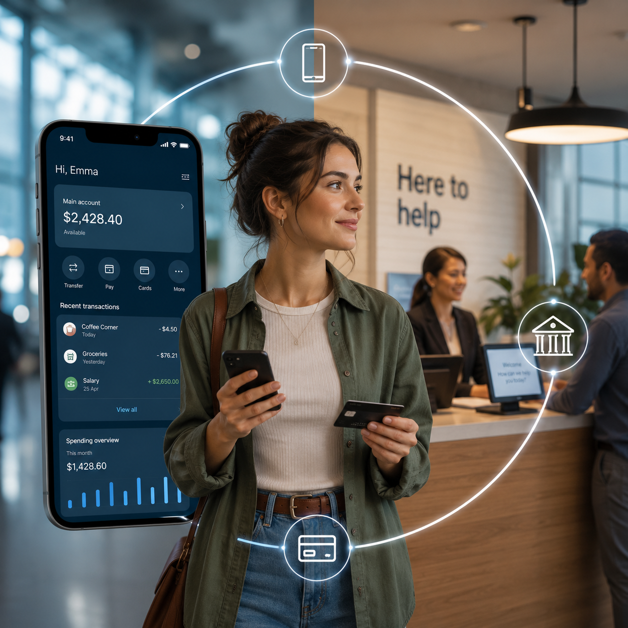 Your Bank Is Everywhere. Does It Feel Like It? - Linistry - Tailored Digital Queue Management for Enterprises Modern customer experience in the banking industry - illustration
