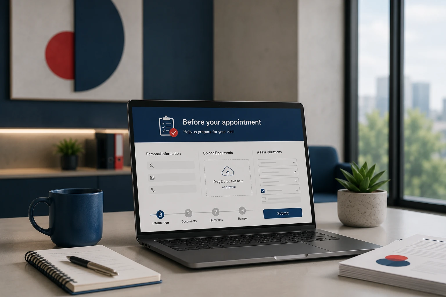 How Can I Reduce No-Shows in Appointment Scheduling? - Linistry - Tailored Digital Queue Management for Enterprises Customer completing a digital pre-visit form and uploading documents before an appointment.