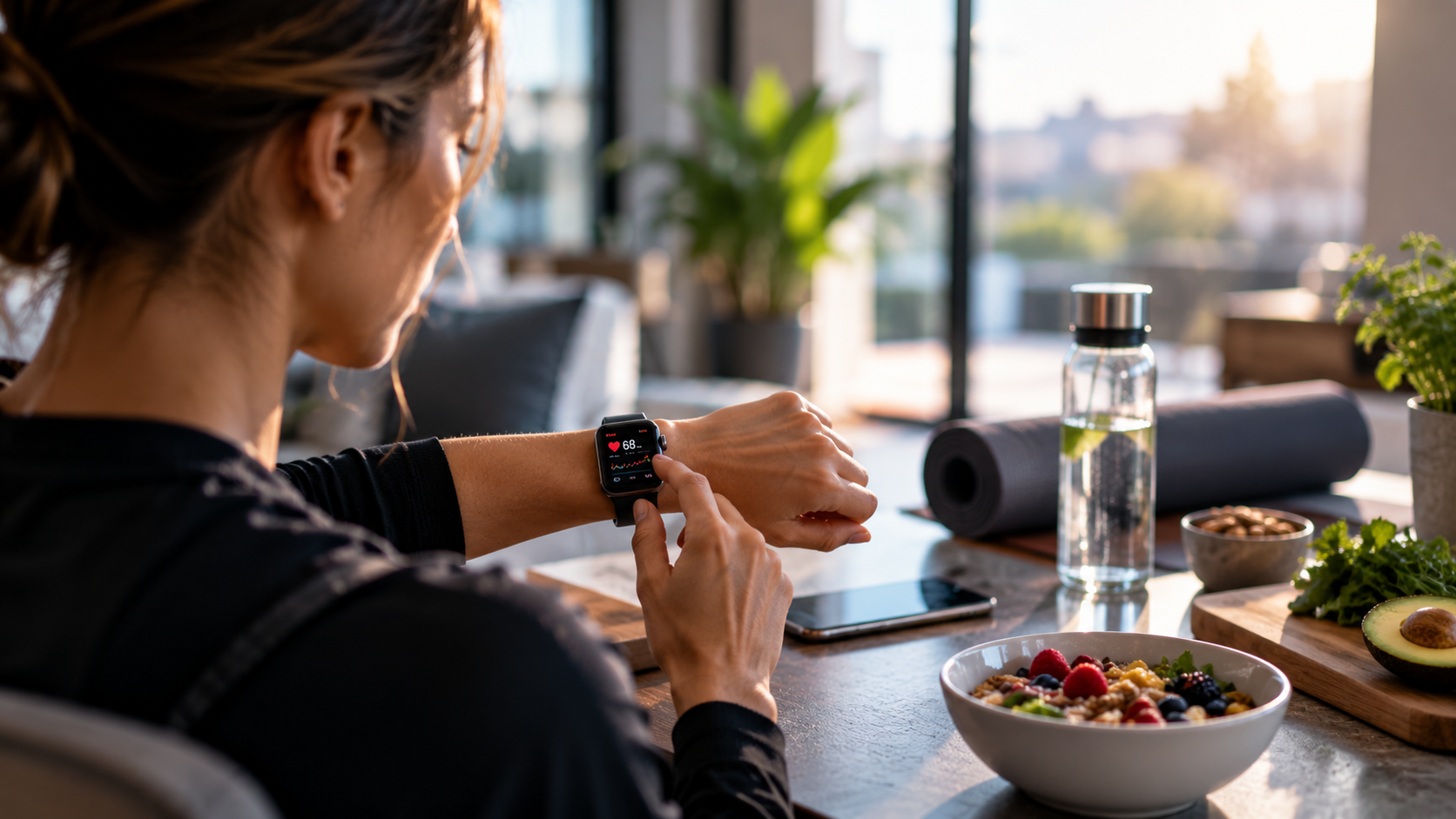 Consumer Trends 2026: What McKinsey's State of the Consumer Means for Retail - Linistry - Tailored Digital Queue Management for Enterprises Woman checking her smartwatch beside a healthy breakfast, reflecting the growing focus on wellness and health tracking.
